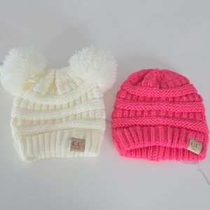 CC Baby Knit Hats - Cream and Vibrant Pink Set